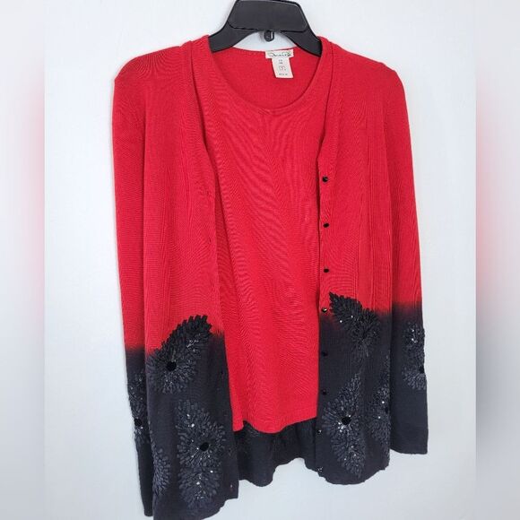 Oscar De La Renta Cardigan Sweater Set Cashmere Silk Red Black Floral Sequin - Picture 10 of 13